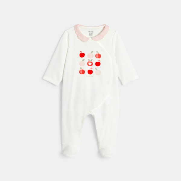 بذلة نوم مخملية برسمة التفاح، باللون الأبيض للفتيات الصغيرات